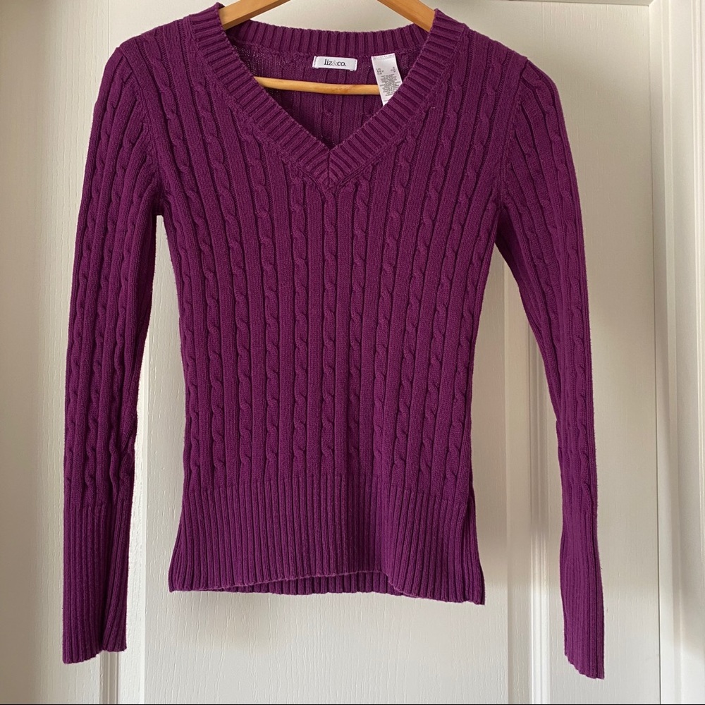 Liz & Co Long Sleeve Plum Color Solid Tops